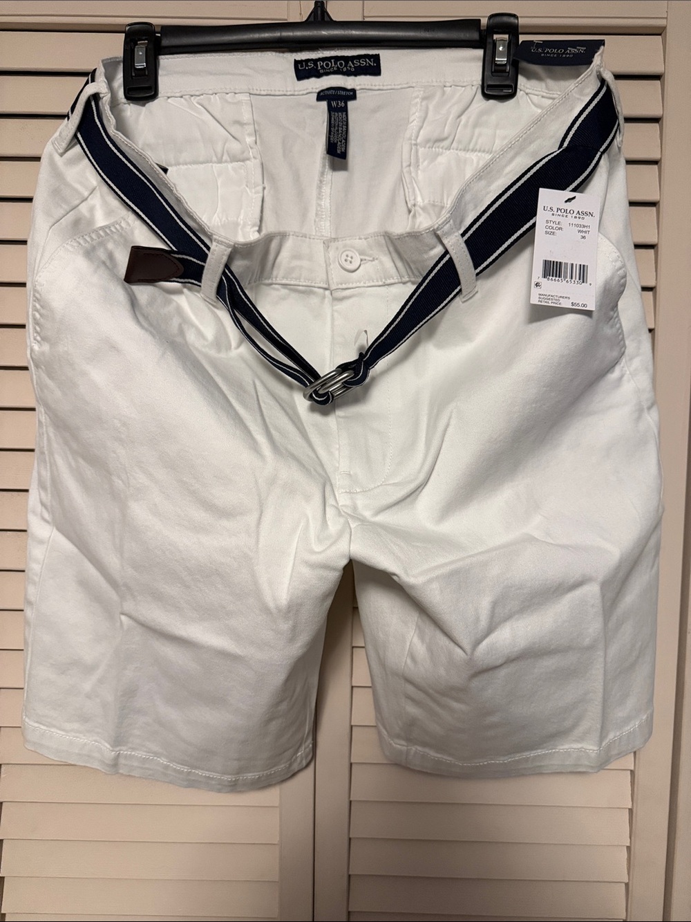 U.S. Polo Assn. Men’s White Cotton Flat Front Shorts with Navy Stripe Belt